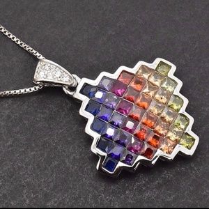 Silver Rainbow Sapphire Rhombus Pendant Necklace